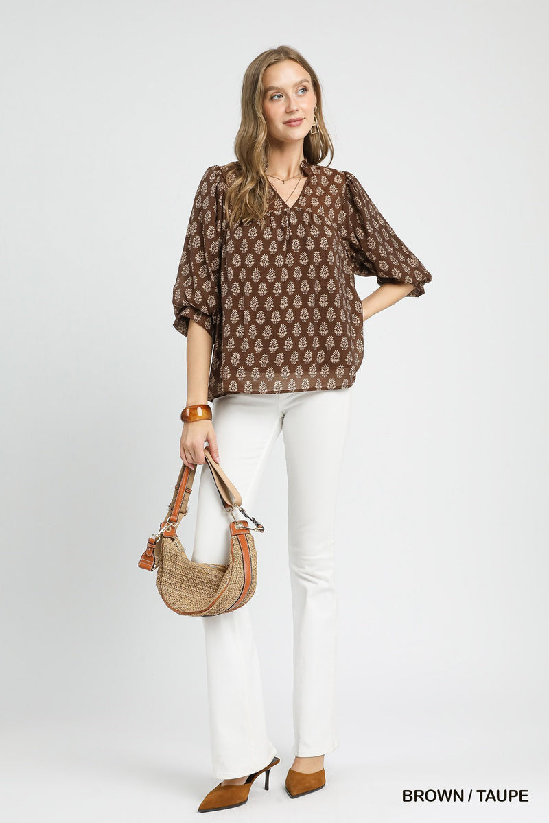 Amaya Floral Block Print Blouse, Brown/Taupe