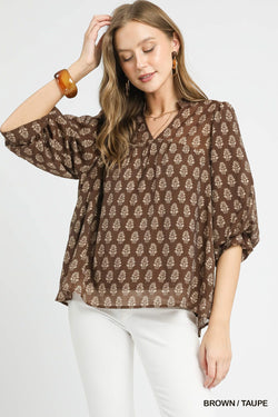 Amaya Floral Block Print Blouse, Brown/Taupe