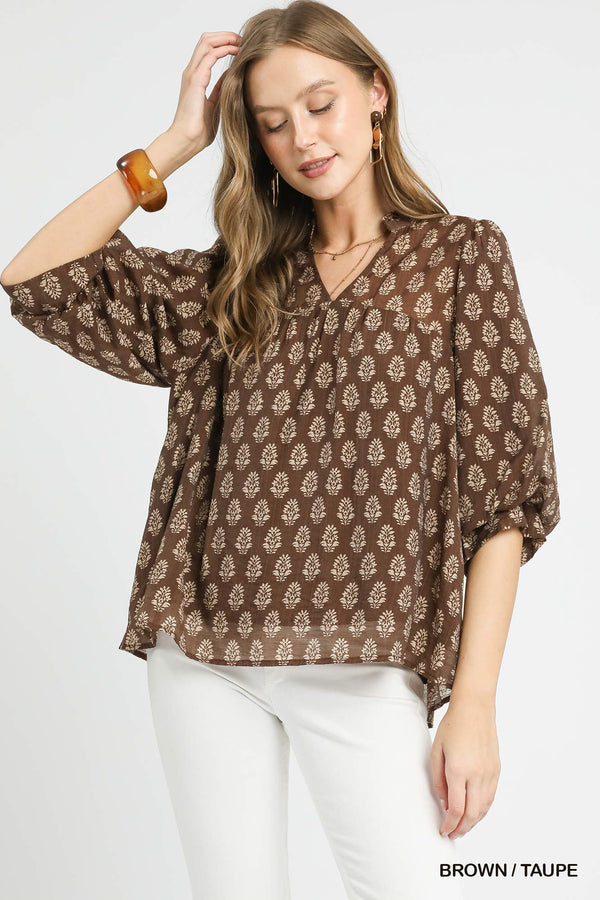 Amaya Floral Block Print Blouse, Brown/Taupe