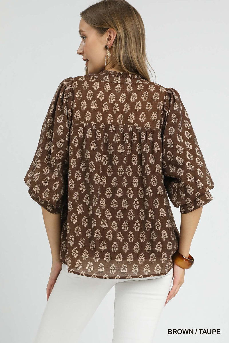 Amaya Floral Block Print Blouse, Brown/Taupe