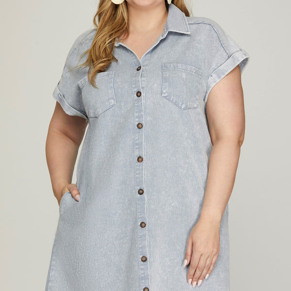 plus size distressed shirt dress Addison Cuffed Button Down Shirt Dress, Blue Grey