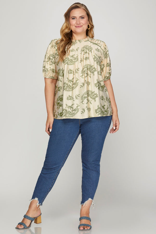 Sloane Paisley Print Ruffle Neck Top, Sage | Extended Sizes