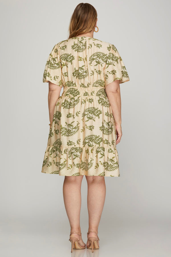 Kara Printed Bell Sleeve Mini Dress, Sage | Extended Sizes