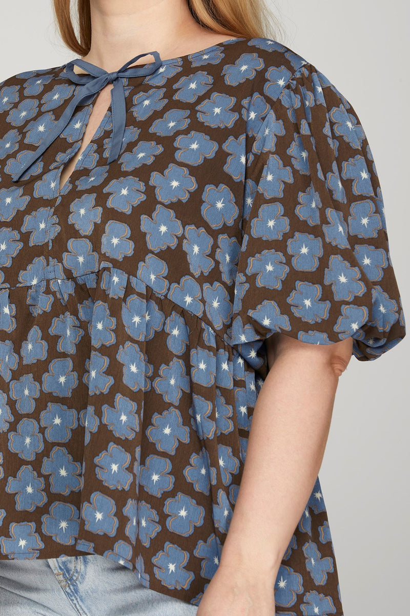 Maeve Front Bow Babydoll Top, Brown/Blue | Extended Sizes