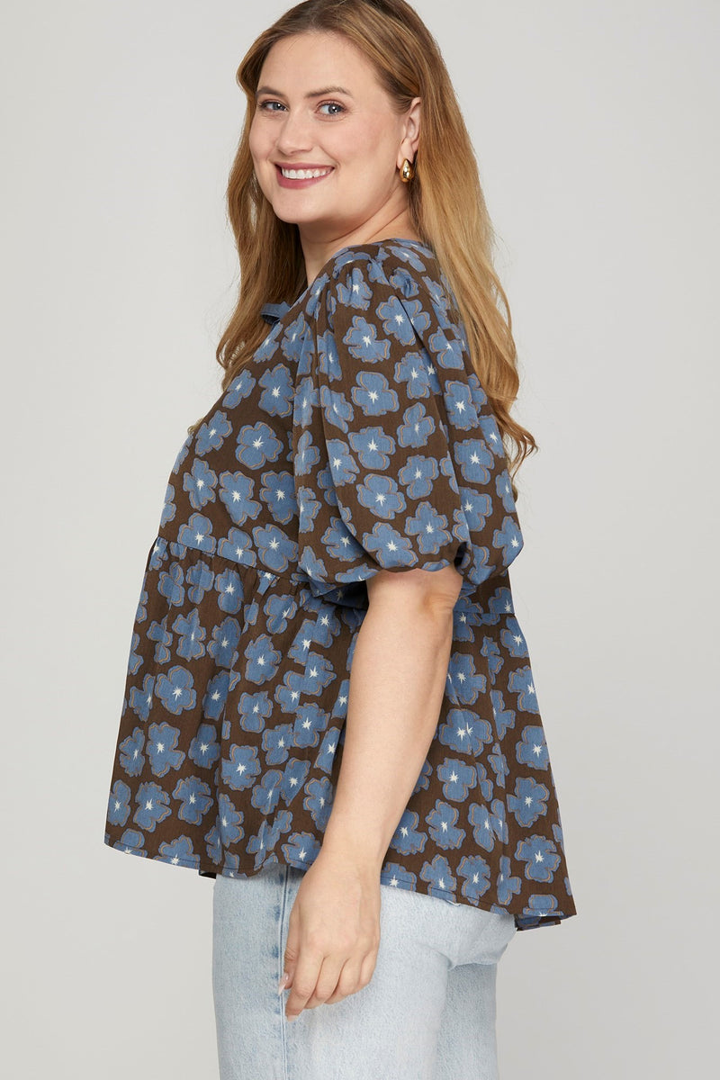 Maeve Front Bow Babydoll Top, Brown/Blue | Extended Sizes