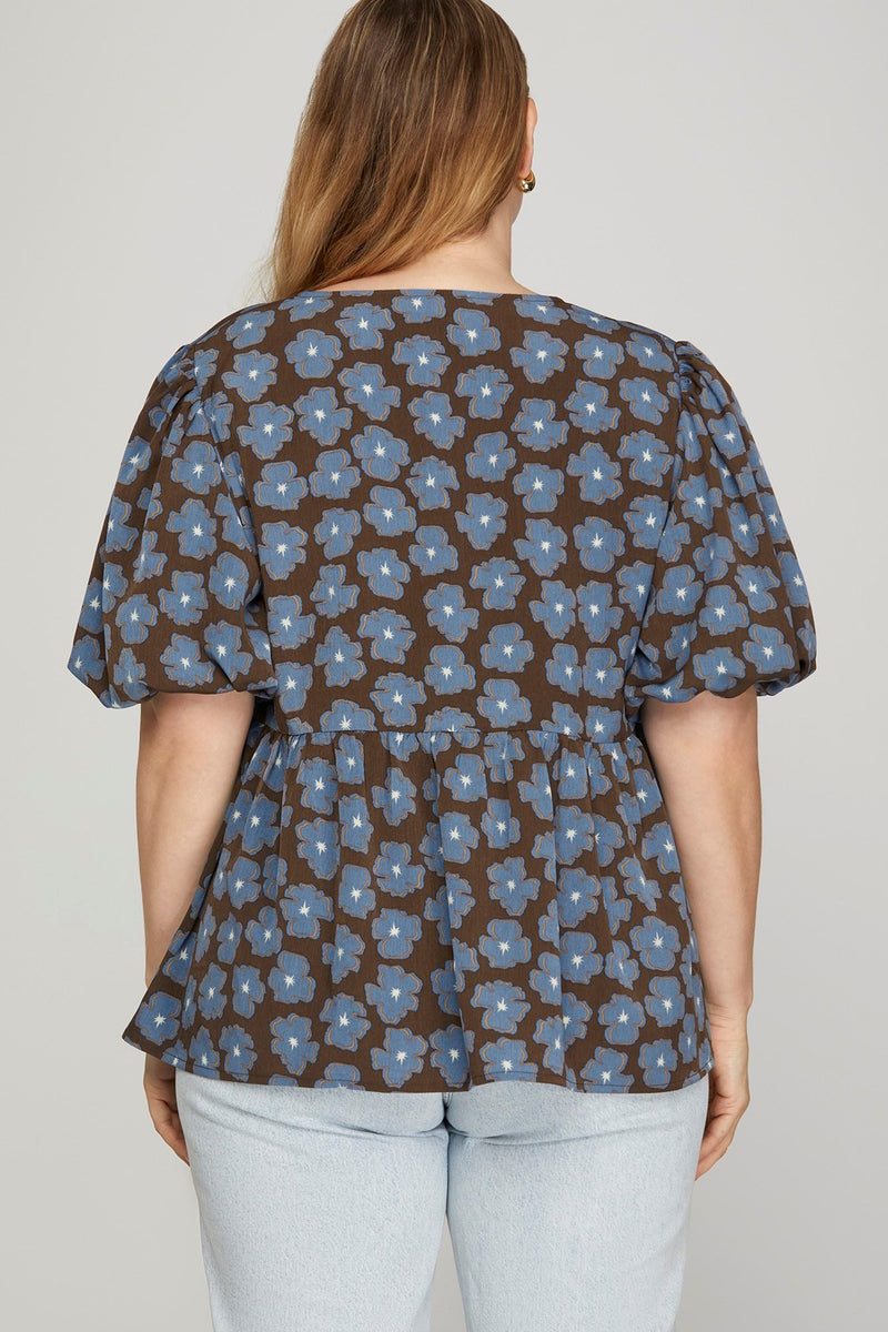 Maeve Front Bow Babydoll Top, Brown/Blue | Extended Sizes