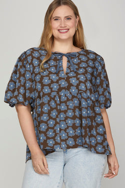 Maeve Front Bow Babydoll Top, Brown/Blue | Extended Sizes