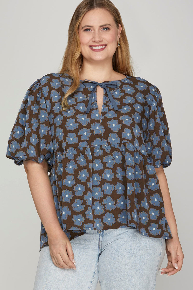 Maeve Front Bow Babydoll Top, Brown/Blue | Extended Sizes