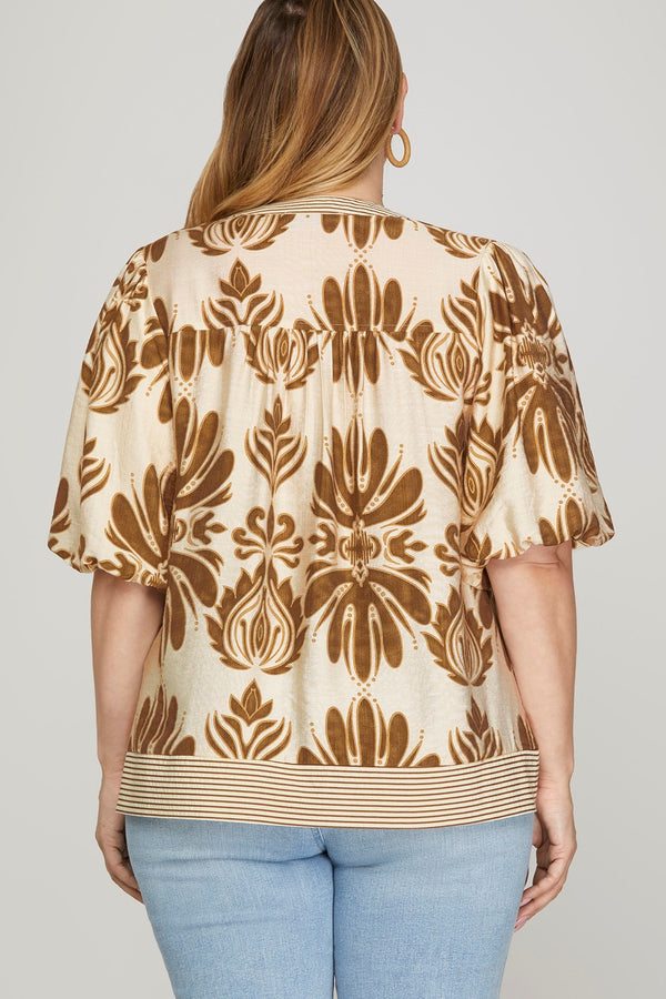 Arabella Bubble Sleeve Printed Top, Camel | Plus Size