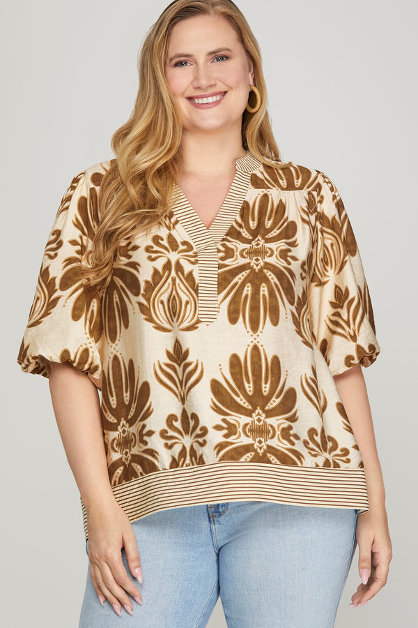 Arabella Bubble Sleeve Printed Top, Camel | Plus Size