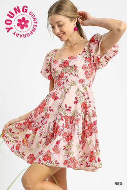 Luisa Floral Puff Sleeve Mini Dress, Red