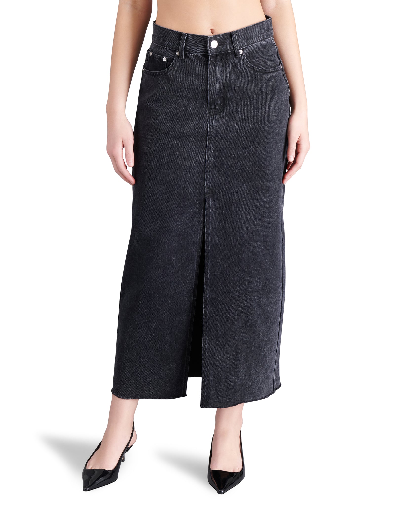 【604SERVICE】 ONYX DENIM SKIRT IN WASHED BLACK 604service Onyx Denim Skirt - Washed Black | Garmentory