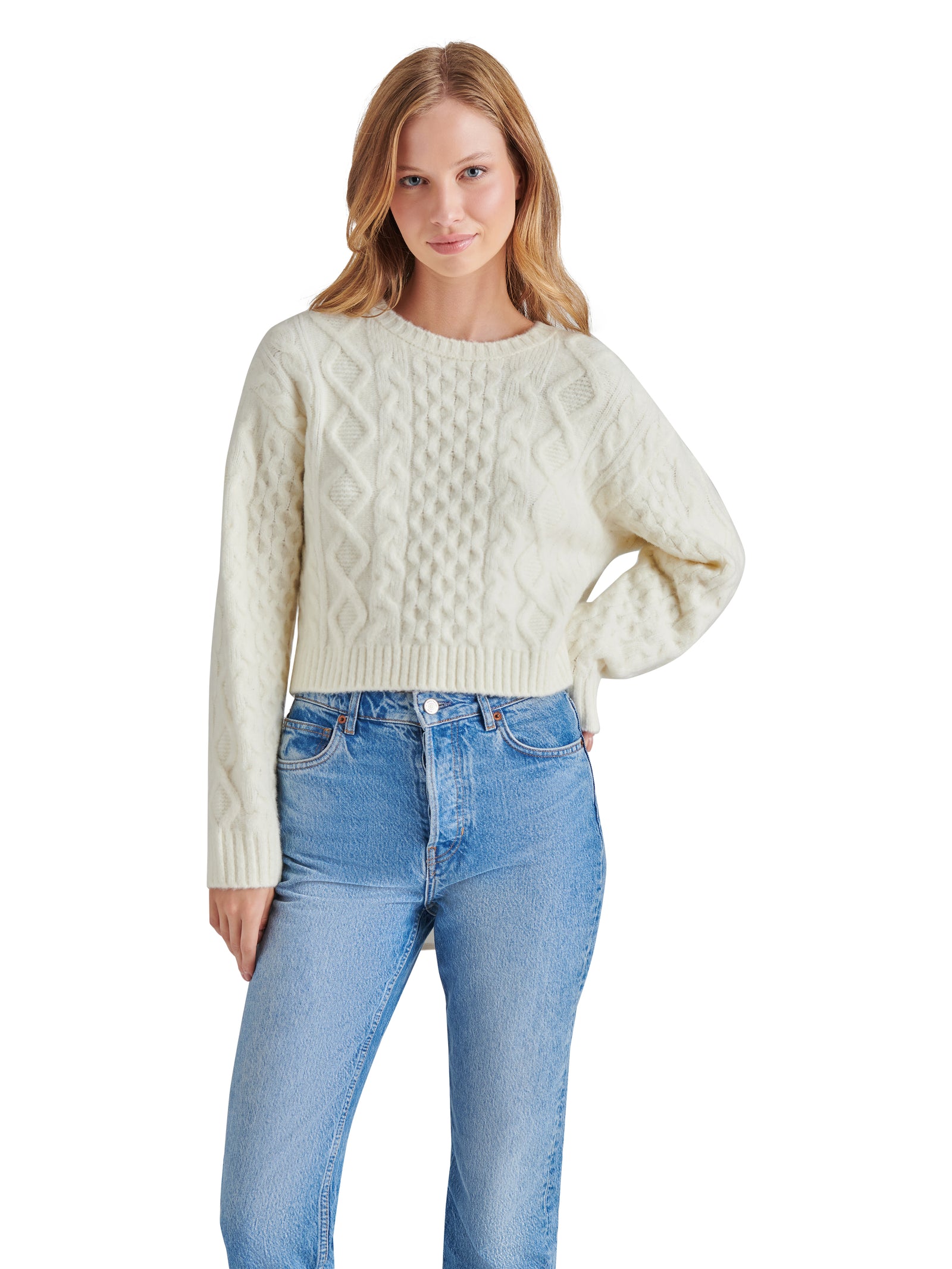 Kessie Cable Knit Sweater, Whisper White | Steve Madden – North