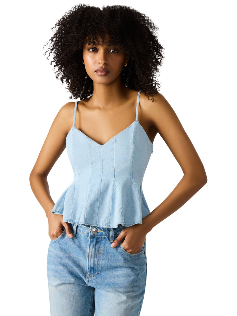 Demi Seam Detail Denim Top, Sea Blue | Steve Madden