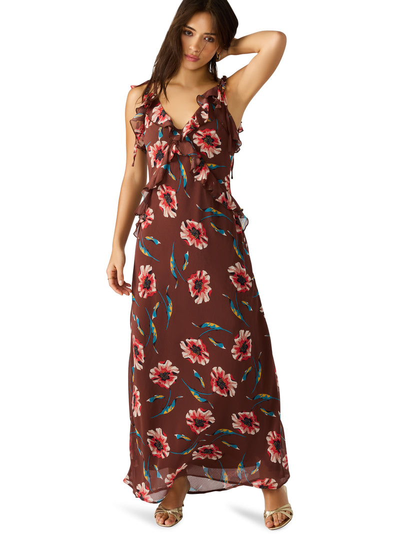 Adalina Floral Ruffled Maxi Dress, Brown | Steve Madden North & Main Clothing Company Adalina Floral Ruffled Maxi Dress, Brown | Steve Madden North & Main Clothing Company