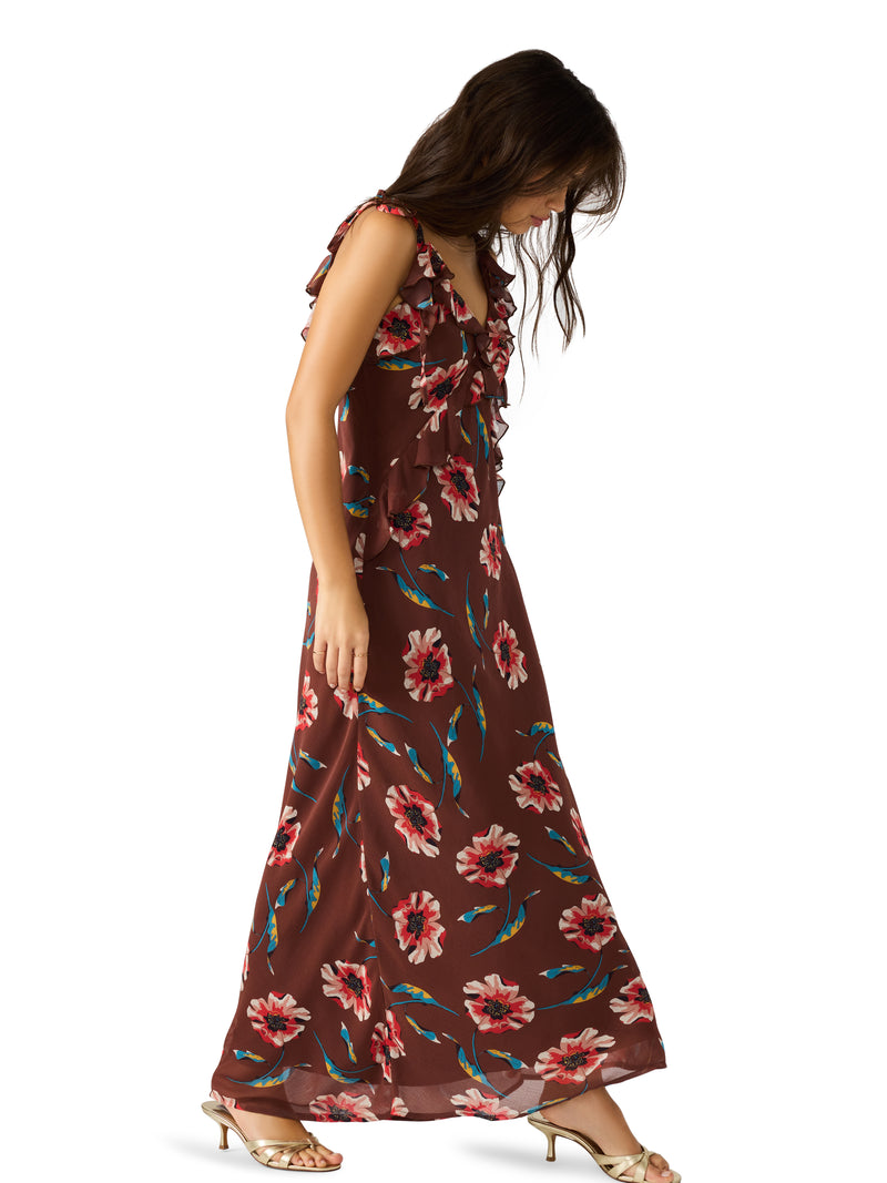 Adalina Floral Ruffled Maxi Dress, Brown | Steve Madden