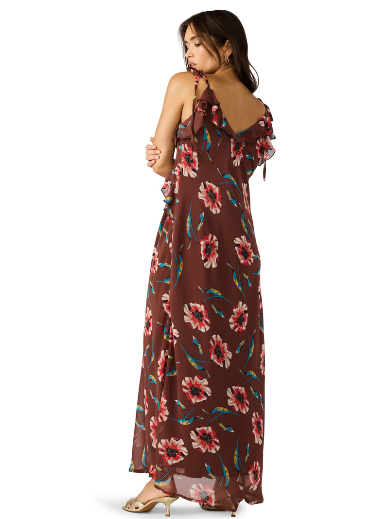 Adalina Floral Ruffled Maxi Dress, Brown | Steve Madden North & Main Clothing Company Adalina Floral Ruffled Maxi Dress, Brown | Steve Madden North & Main Clothing Company