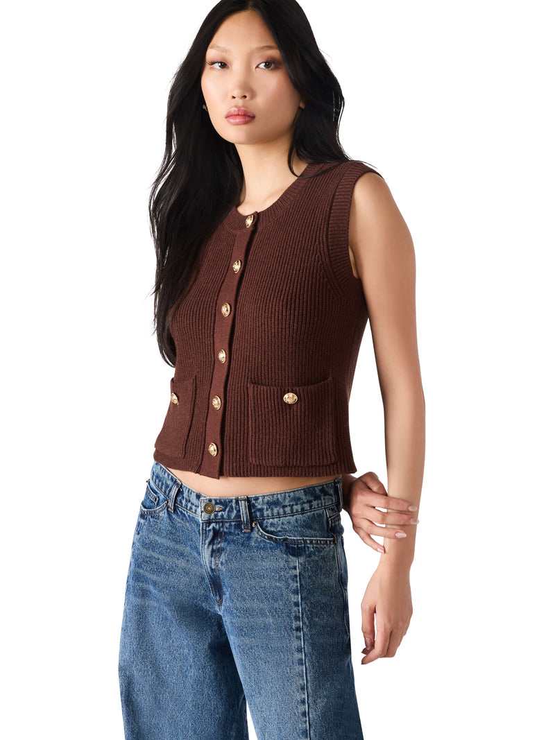 Aliya Gold Button Sweater Vest, Chocolate | Steve Madden