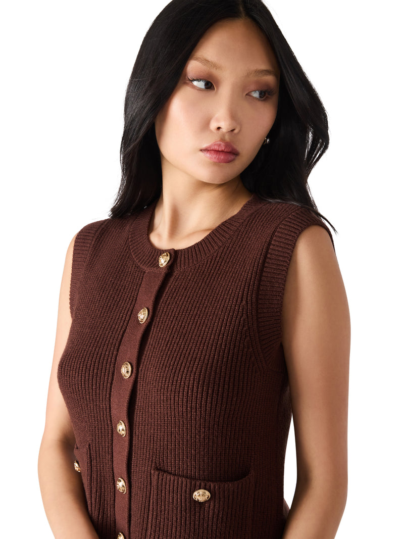 Aliya Gold Button Sweater Vest, Chocolate | Steve Madden