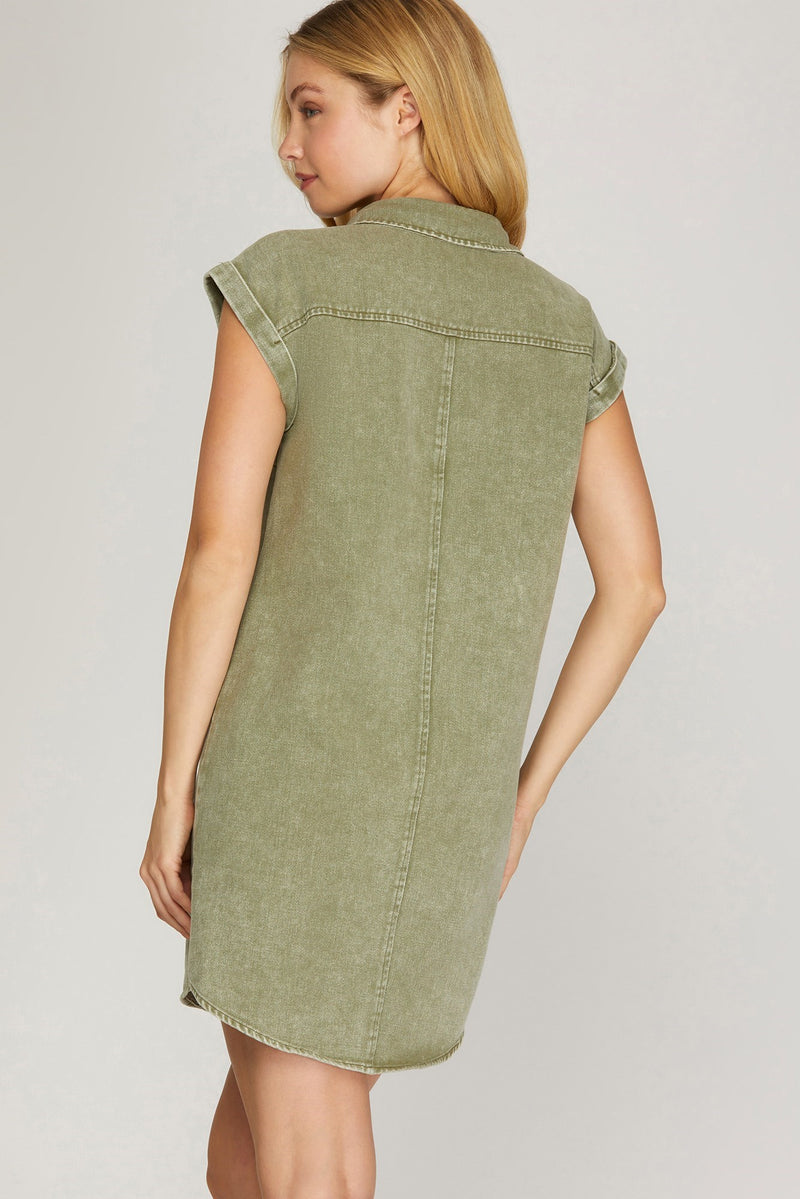 Addison Cuffed Button Down Shirt Dress, Olive