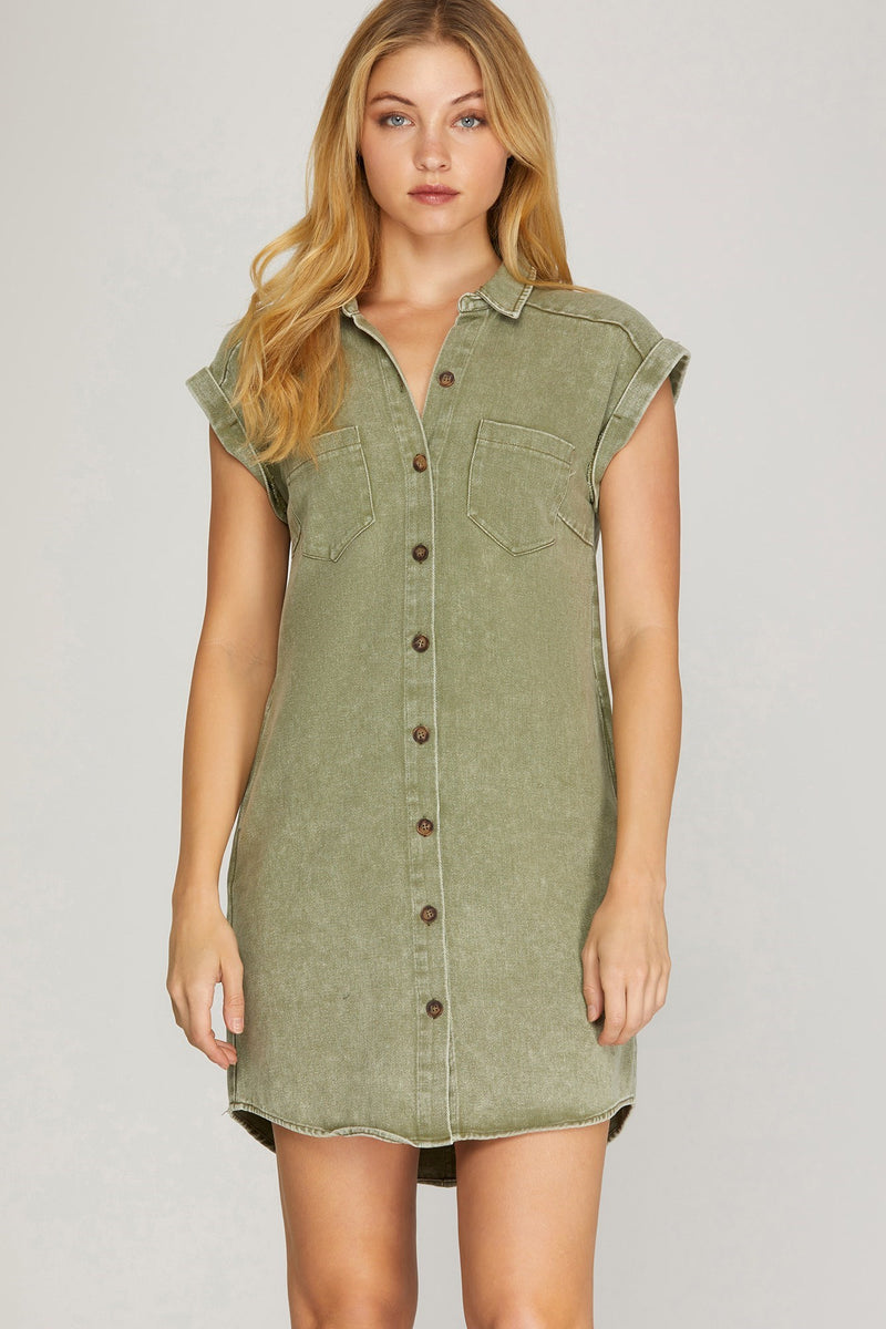 Addison Cuffed Button Down Shirt Dress, Olive