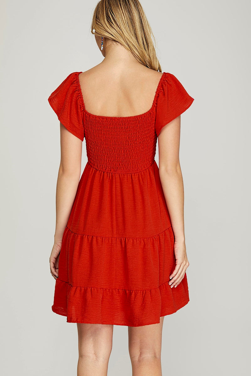 Katie Flutter Sleeve Smocked Mini Dress, Red