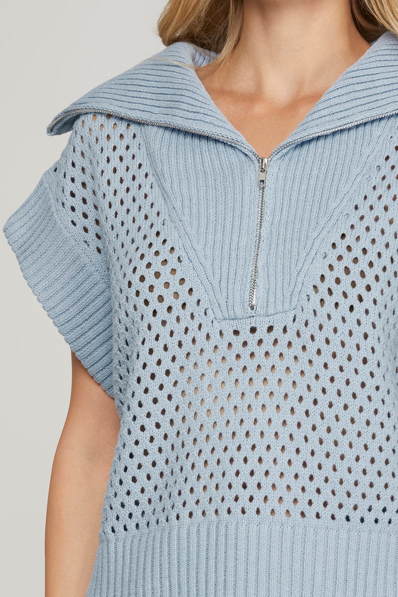 Lila Collared Half Zip Sweater Vest, Light Blue