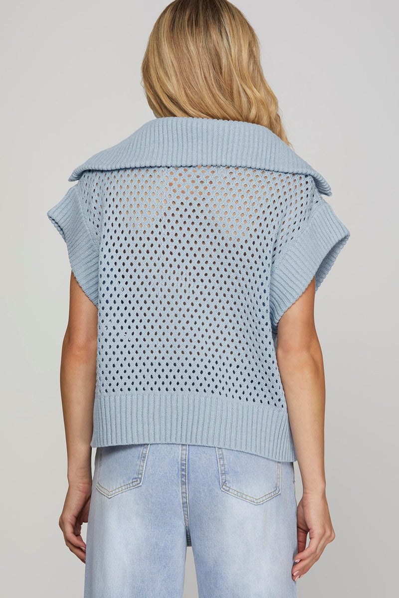 Lila Collared Half Zip Sweater Vest, Light Blue