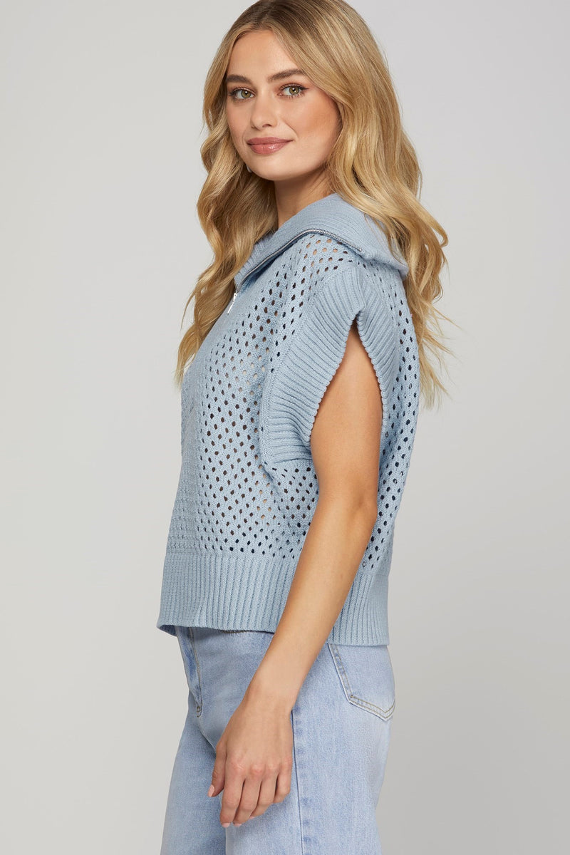 Lila Collared Half Zip Sweater Vest, Light Blue