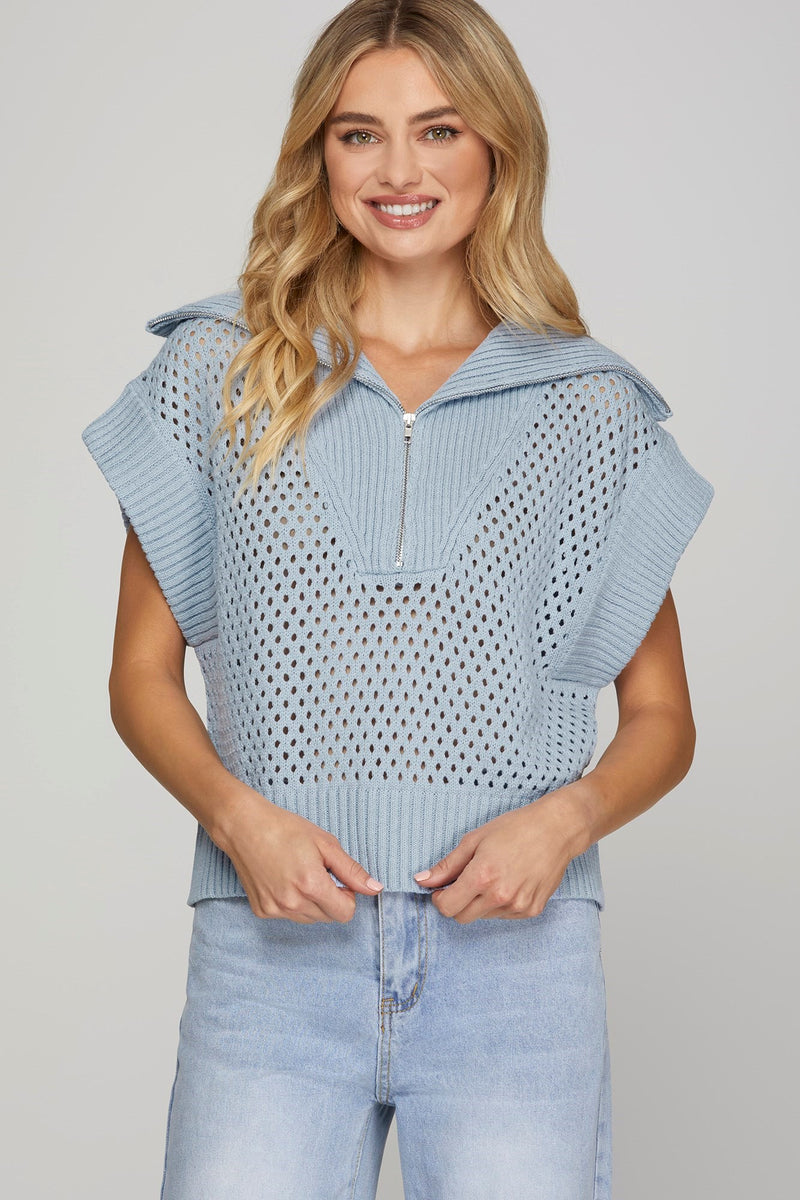 Lila Collared Half Zip Sweater Vest, Light Blue