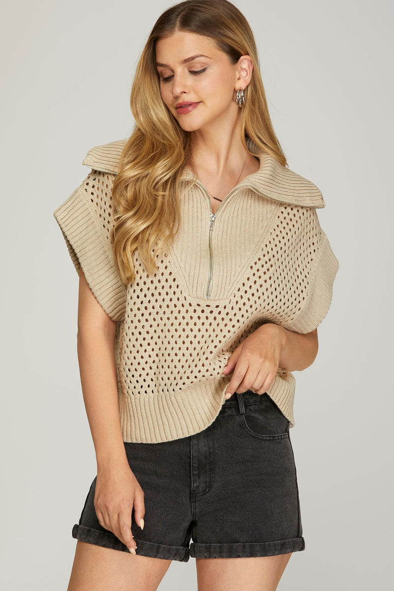 Evangeline Collared Half Zip Sweater Vest, Stone