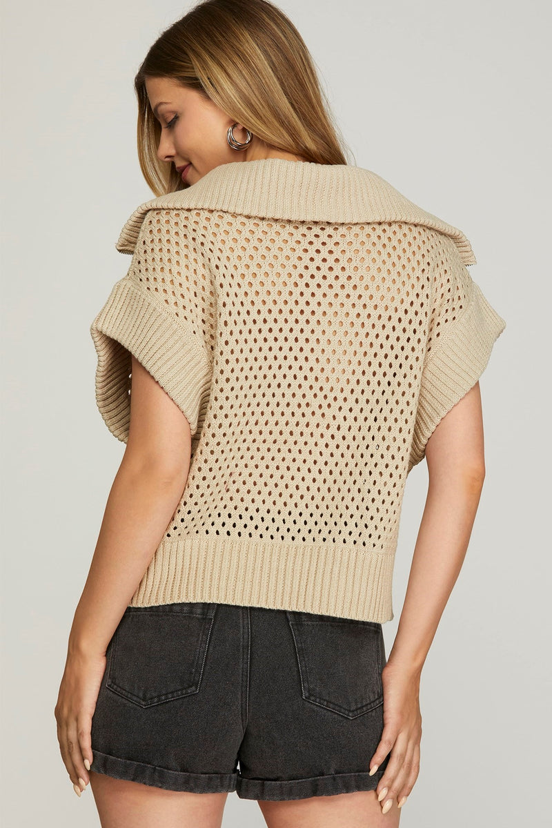 Evangeline Collared Half Zip Sweater Vest, Stone