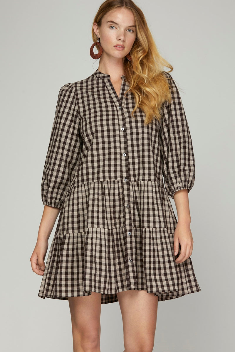 Aspen Three Quarter Sleeve Plaid Dress, Brown