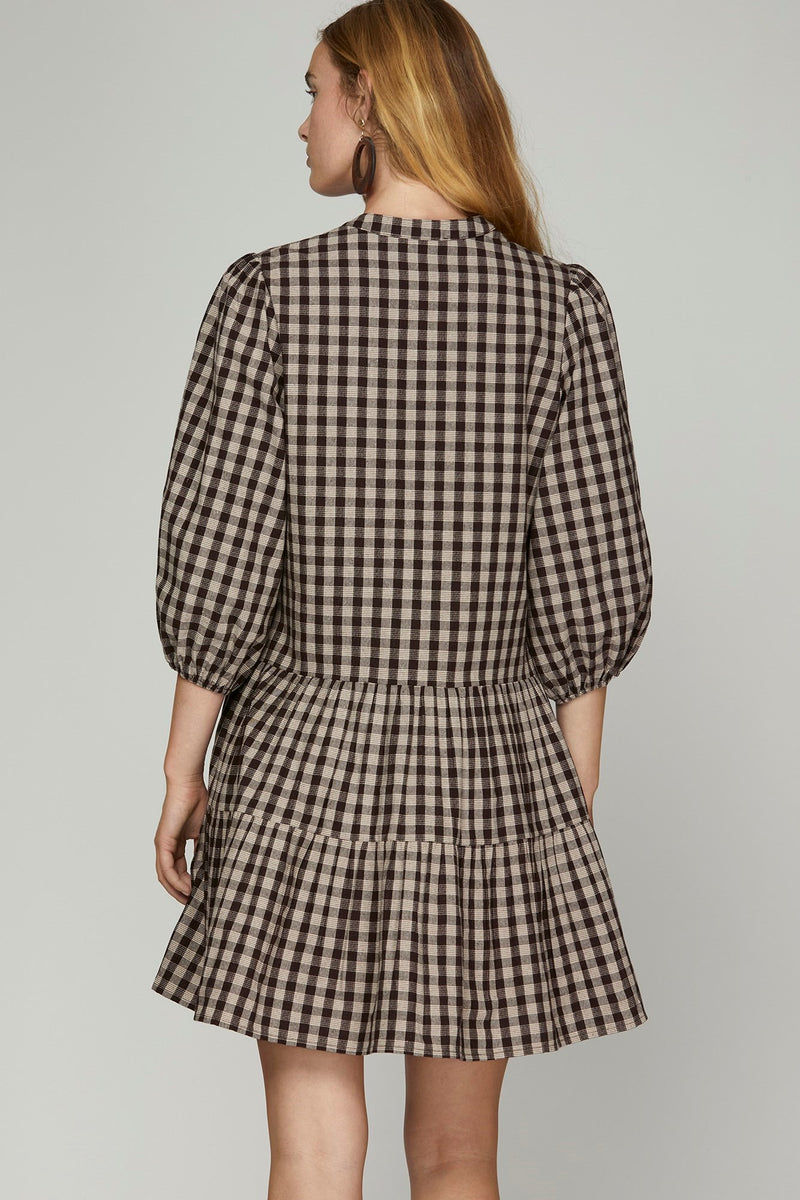 Aspen Three Quarter Sleeve Plaid Dress, Brown