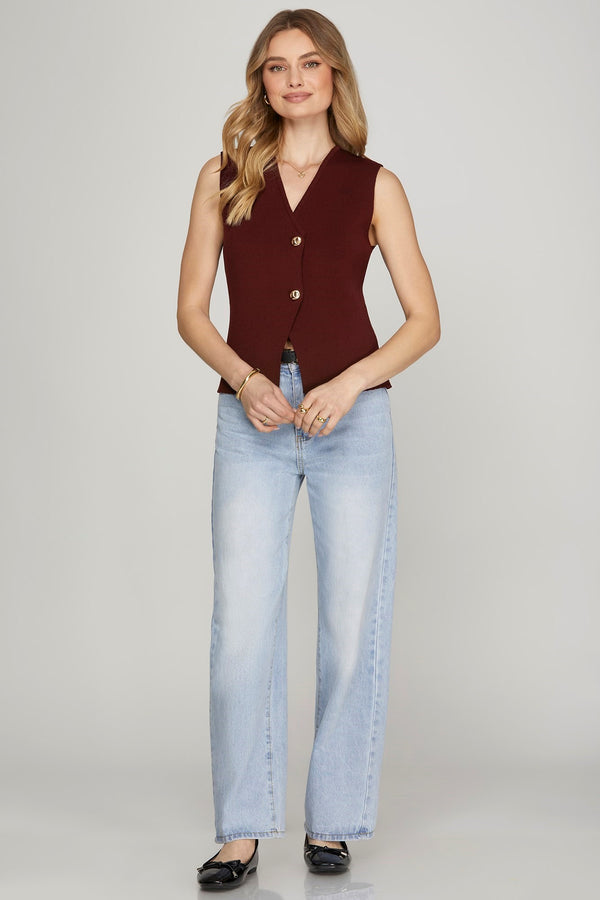 Elena Gold Button Sweater Vest, Wine