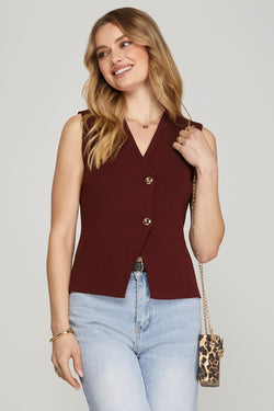 Elena Gold Button Sweater Vest, Wine
