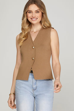 Elena Gold Button Sweater Vest, Mocha