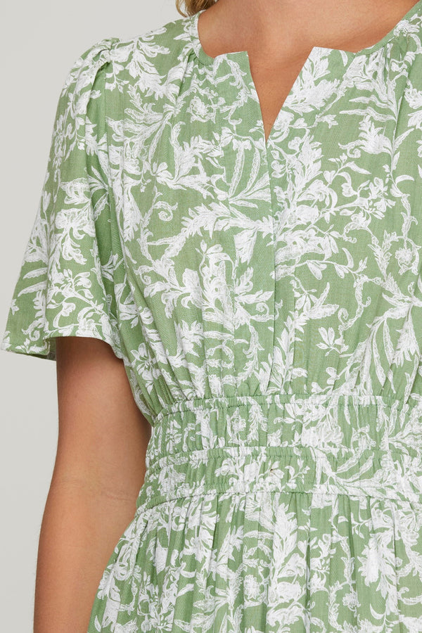 Reyna Printed Pintuck Tiered Maxi Dress, Sage
