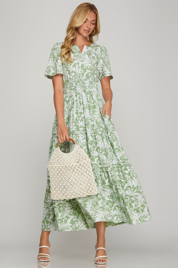 Reyna Printed Pintuck Tiered Maxi Dress, Sage