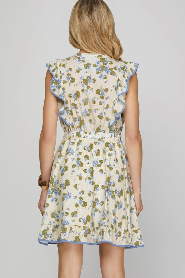 Avianna Floral Pintuck Detailed Dress, Blue