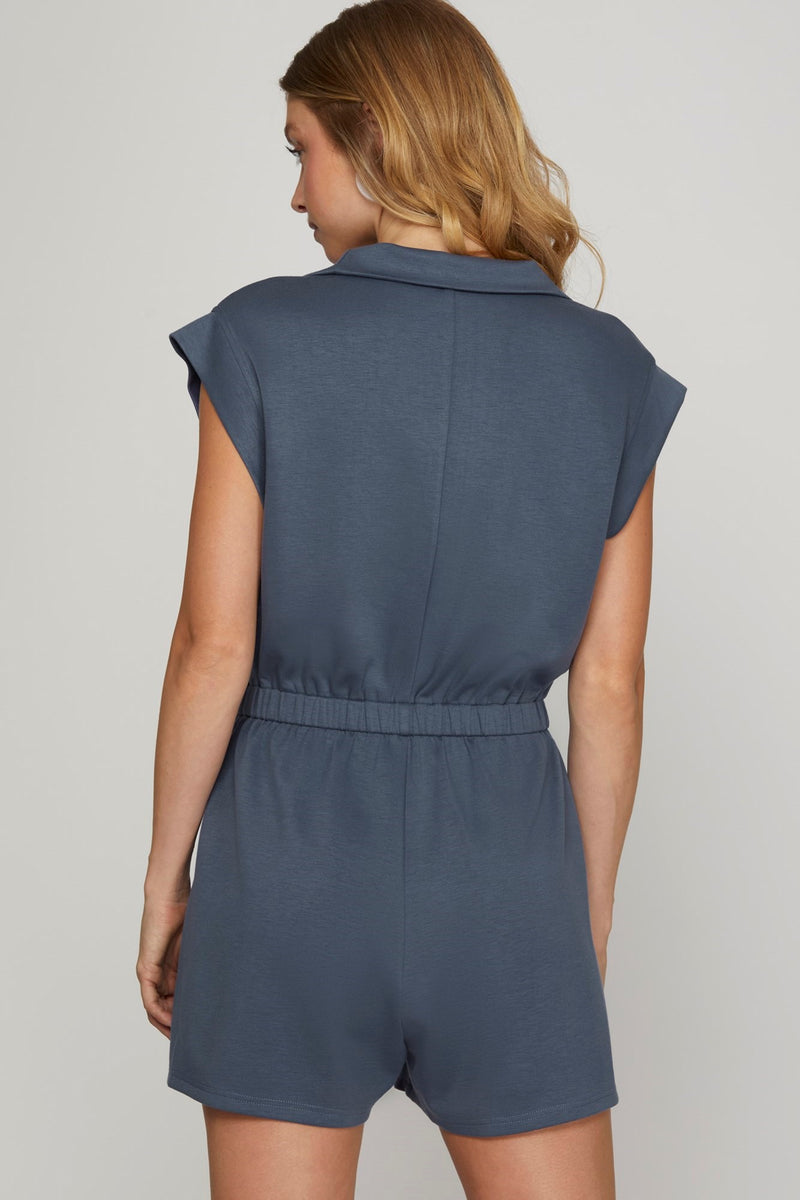 Blake Front Zip Heavy Knit Romper, Dusty Blue