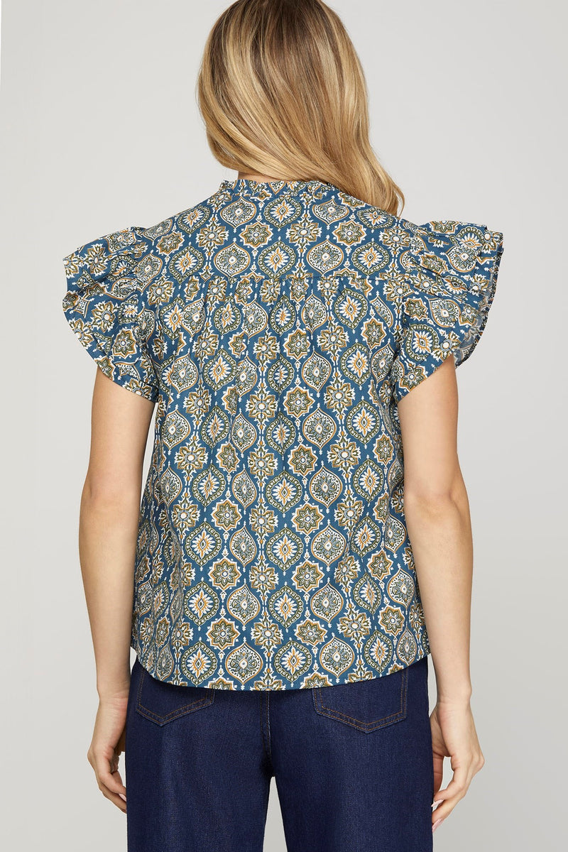 Kimberly Smocked Detail Printed Top, Blue