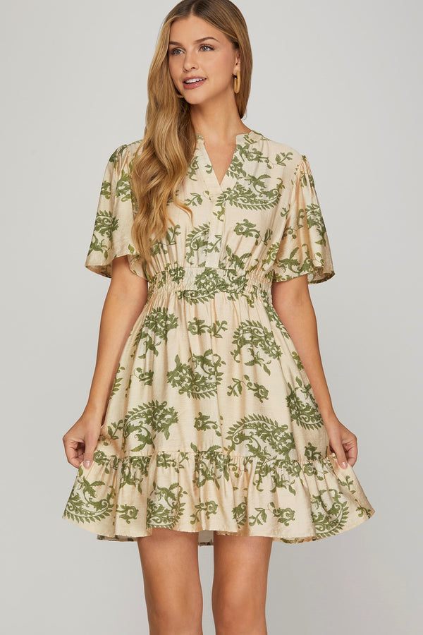 Kara Printed Bell Sleeve Mini Dress, Sage