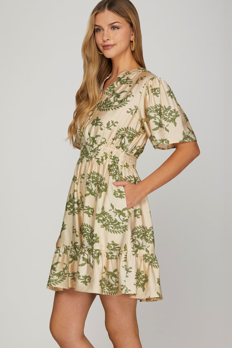 Kara Printed Bell Sleeve Mini Dress, Sage