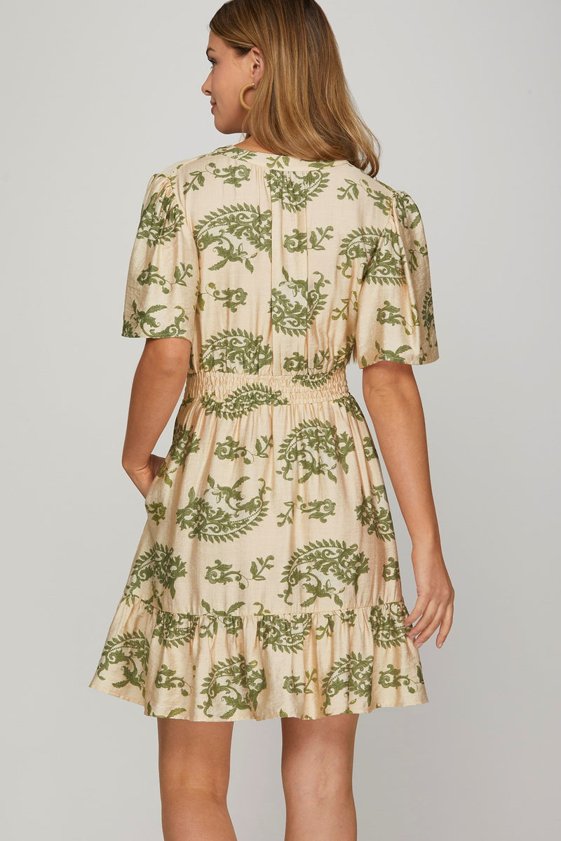 Kara Printed Bell Sleeve Mini Dress, Sage