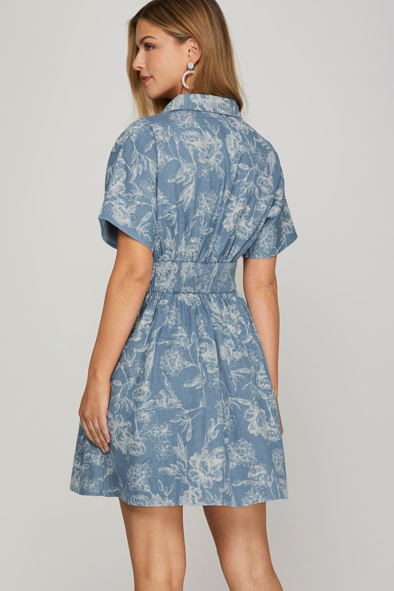 Madeline Washed Floral Denim Dress, Light Blue