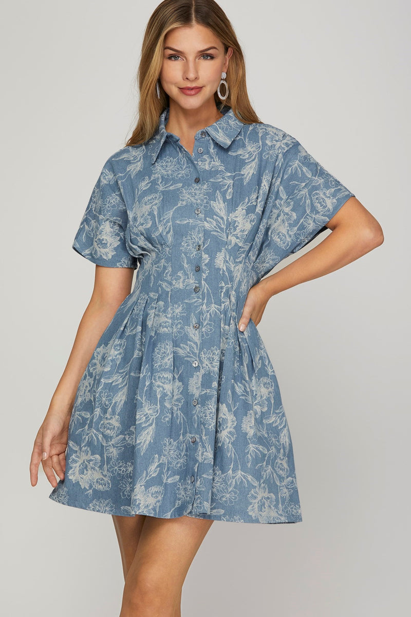 Madeline Washed Floral Denim Dress, Light Blue