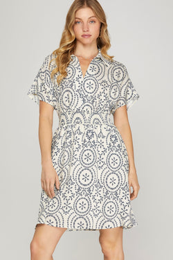 Holland Collared Smocked Waist Dress, Off White