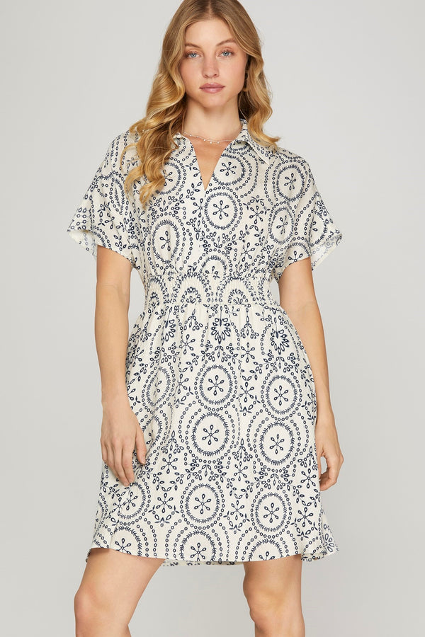 Holland Collared Smocked Waist Dress, Off White