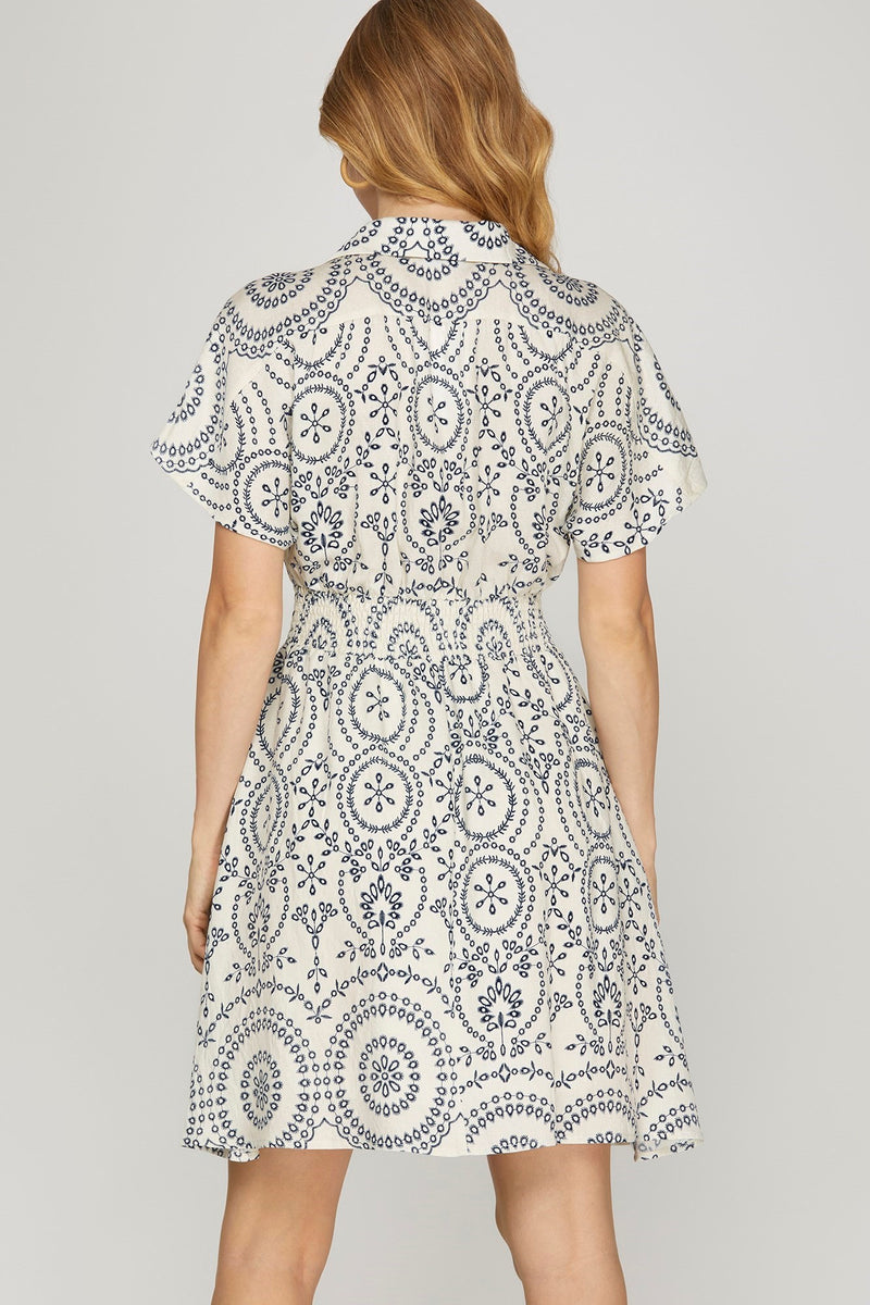 Holland Collared Smocked Waist Dress, Off White